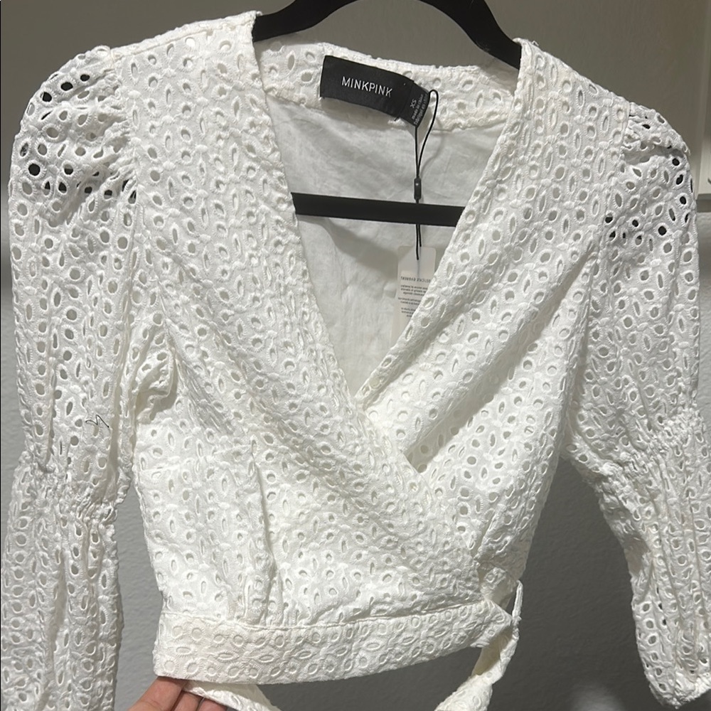 MINKPINK White Puff Sleeve Blouse with Wrap Design